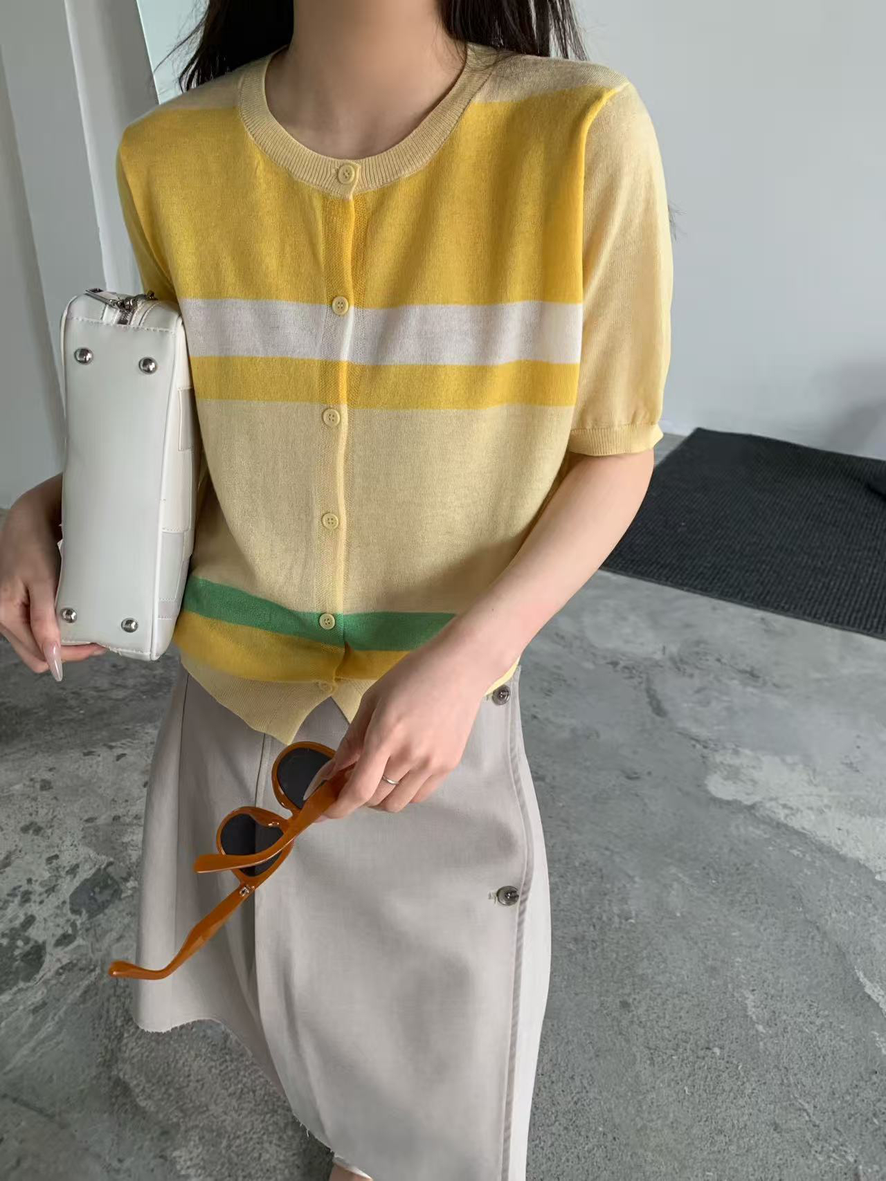 薄款别致条纹针织衫拼色圆领长袖T恤减龄洋气高级感上衣1278