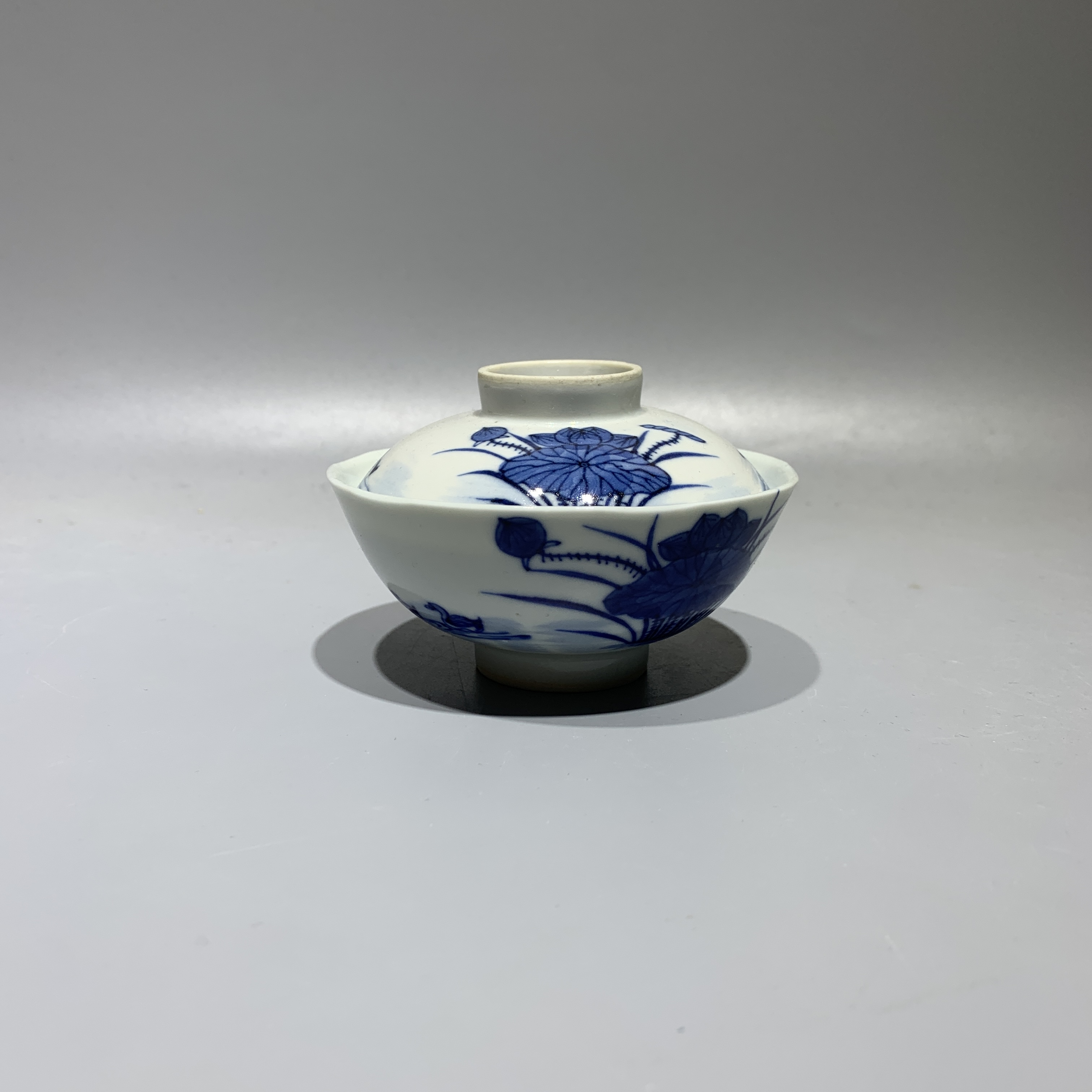 s003007.清道光•青花满池娇盖碗【古董收藏】