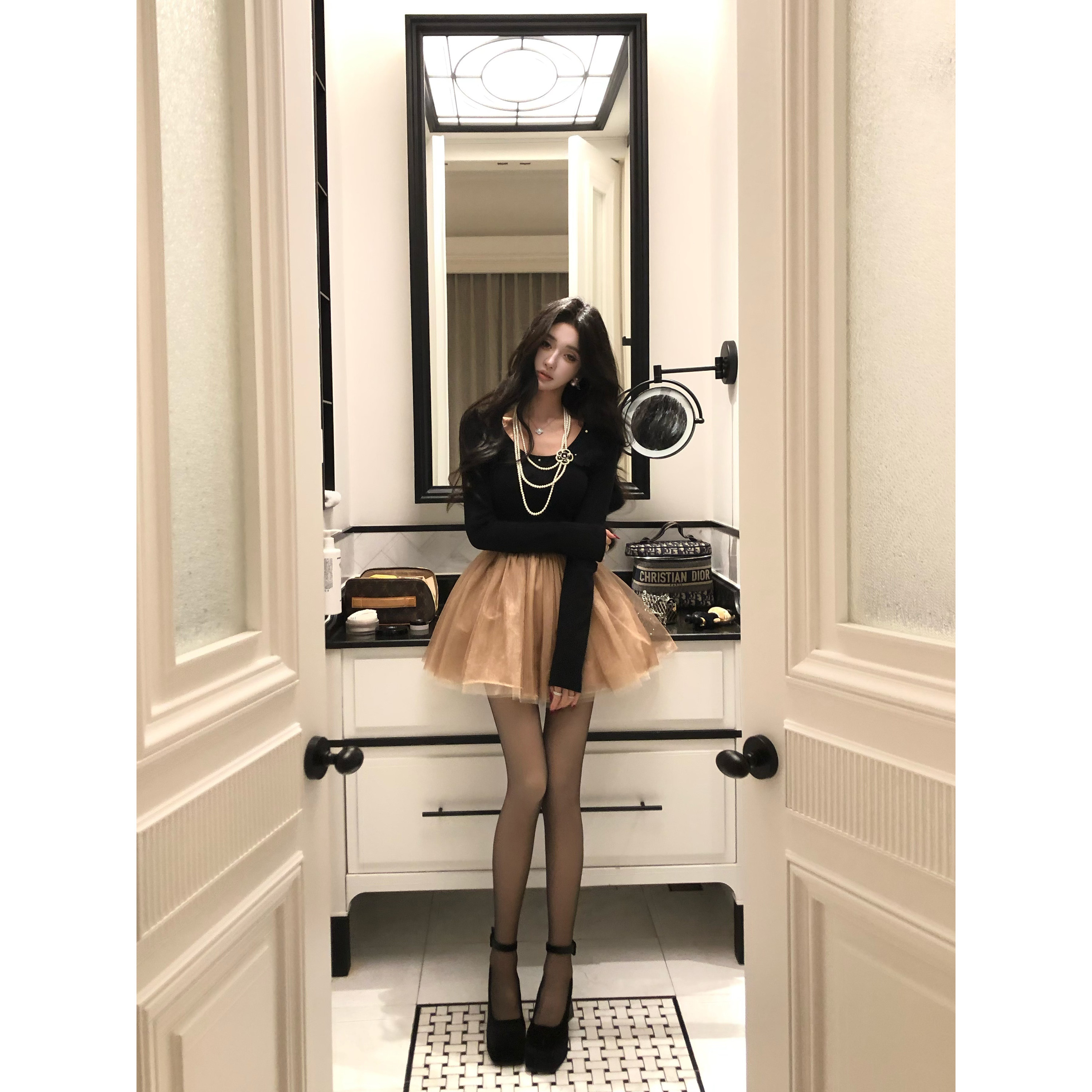 BarbChill【12/30-10:00新品】【云间芭蕾】针织撞色网纱蝴蝶结连衣裙