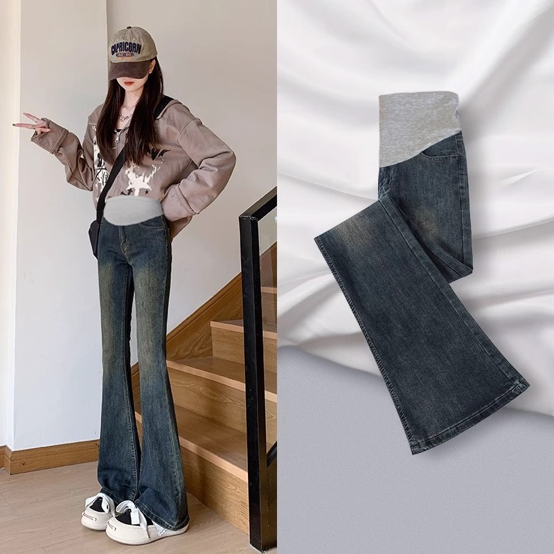 孕妇裤子春秋款外穿2025新款不勒肚牛仔裤小个子打底裤孕妇喇叭裤