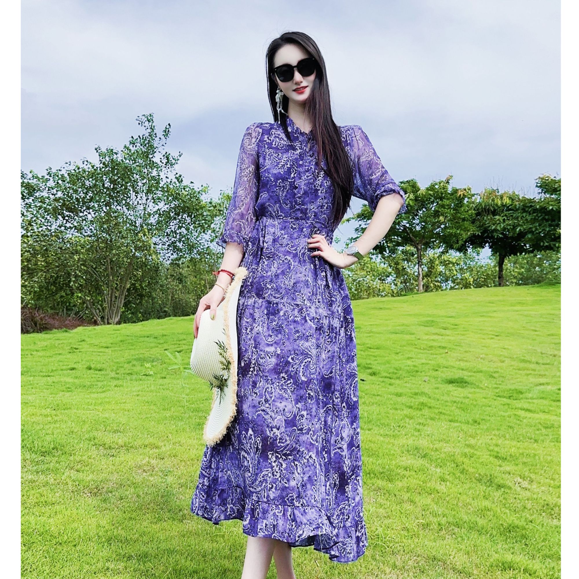 【25109、25111】新款丁香紫高订印花桑蚕丝连衣裙  长款120；短款110