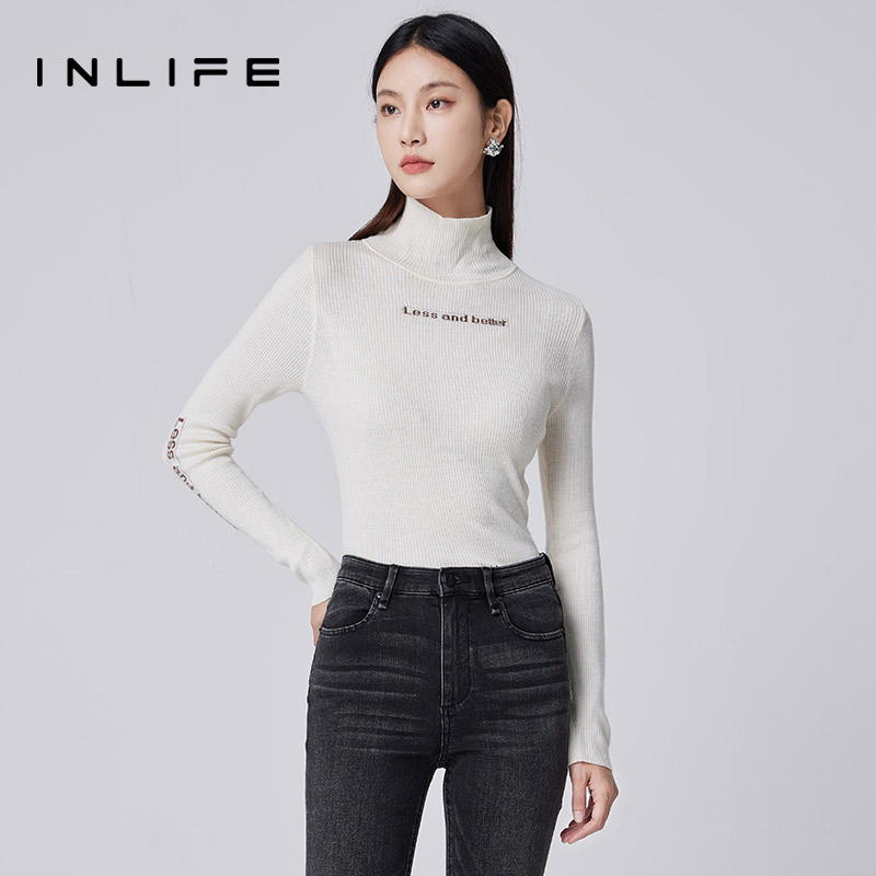 伊纳芙春秋新款修身百搭高领长袖保暖针织提花毛衣M21D2M7516