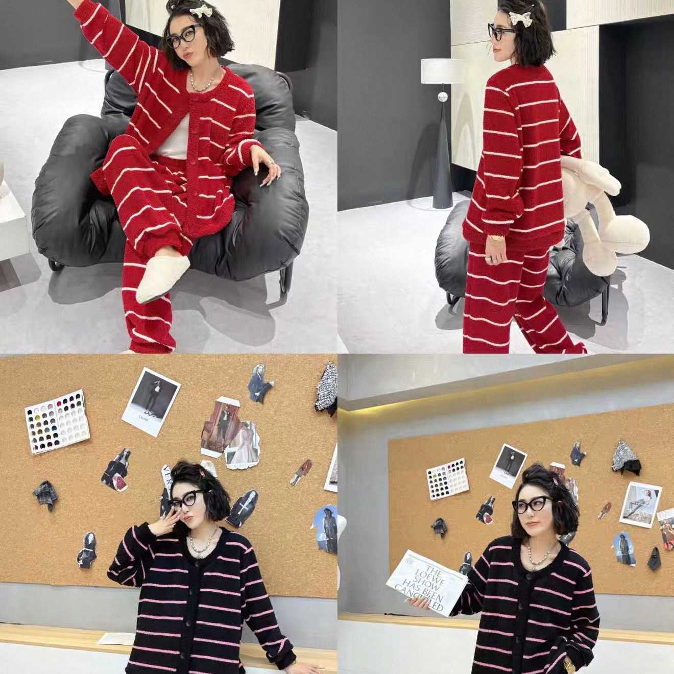 “超柔软”云感半边绒撞色条纹宽松可外穿家居服睡衣套装