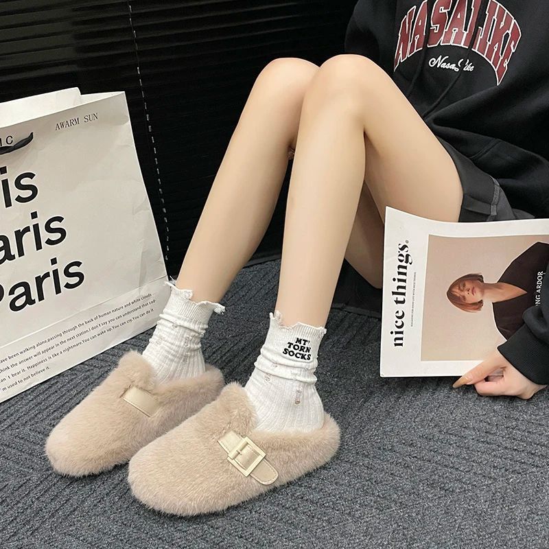 博肯鞋包头毛毛鞋女2025秋冬款时尚加绒加厚保暖一脚蹬软底拖鞋