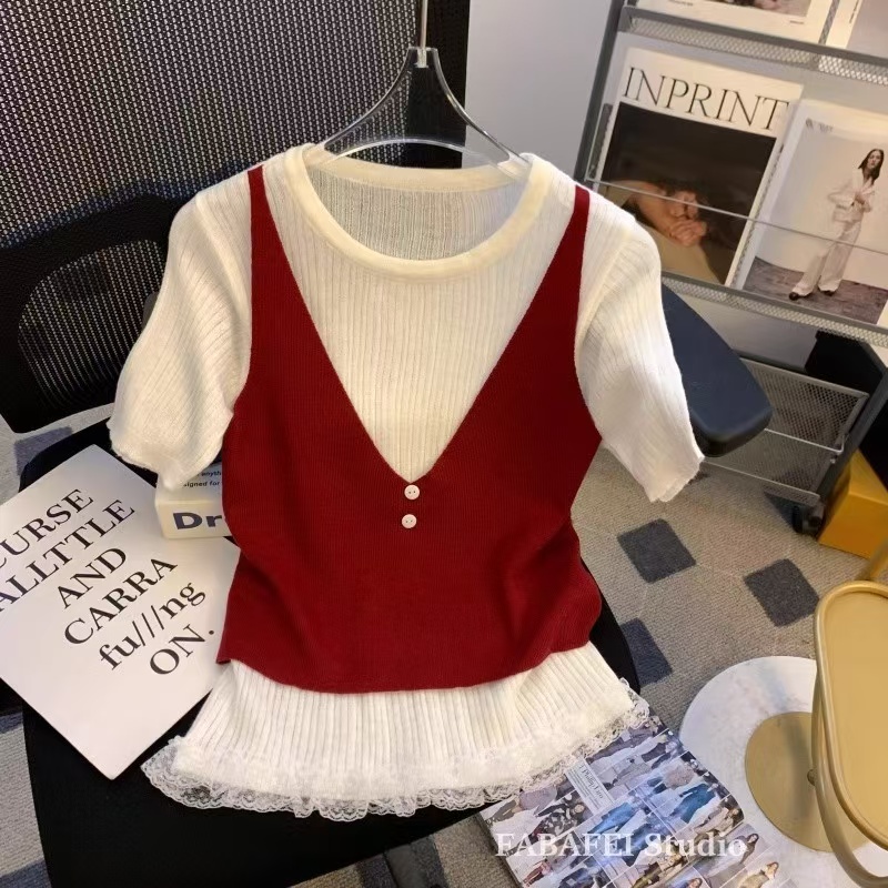 蕾丝拼接假两件短袖针织衫女2025春夏叠穿吊带背心遮肚子裙摆上衣