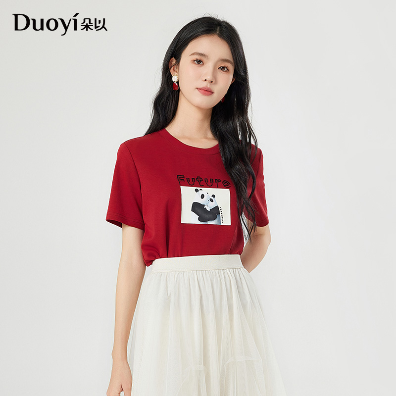 朵以夏季新款时尚百搭卡通圆领印花女T恤短袖上衣39DX311012