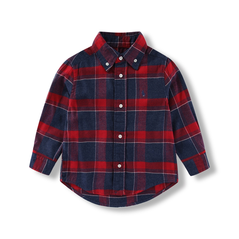 076男女童磨毛格子长袖衬衣小马法兰绒衬衫