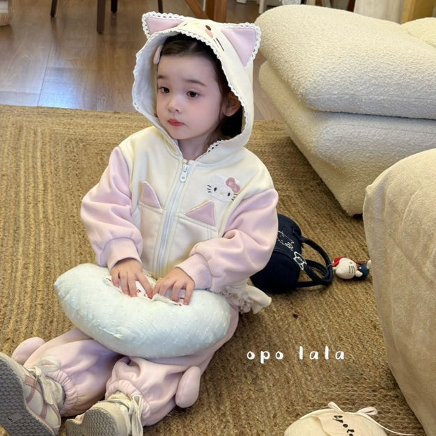 opolala  秋冬女童加厚保暖KT爆品卫衣开衫套装