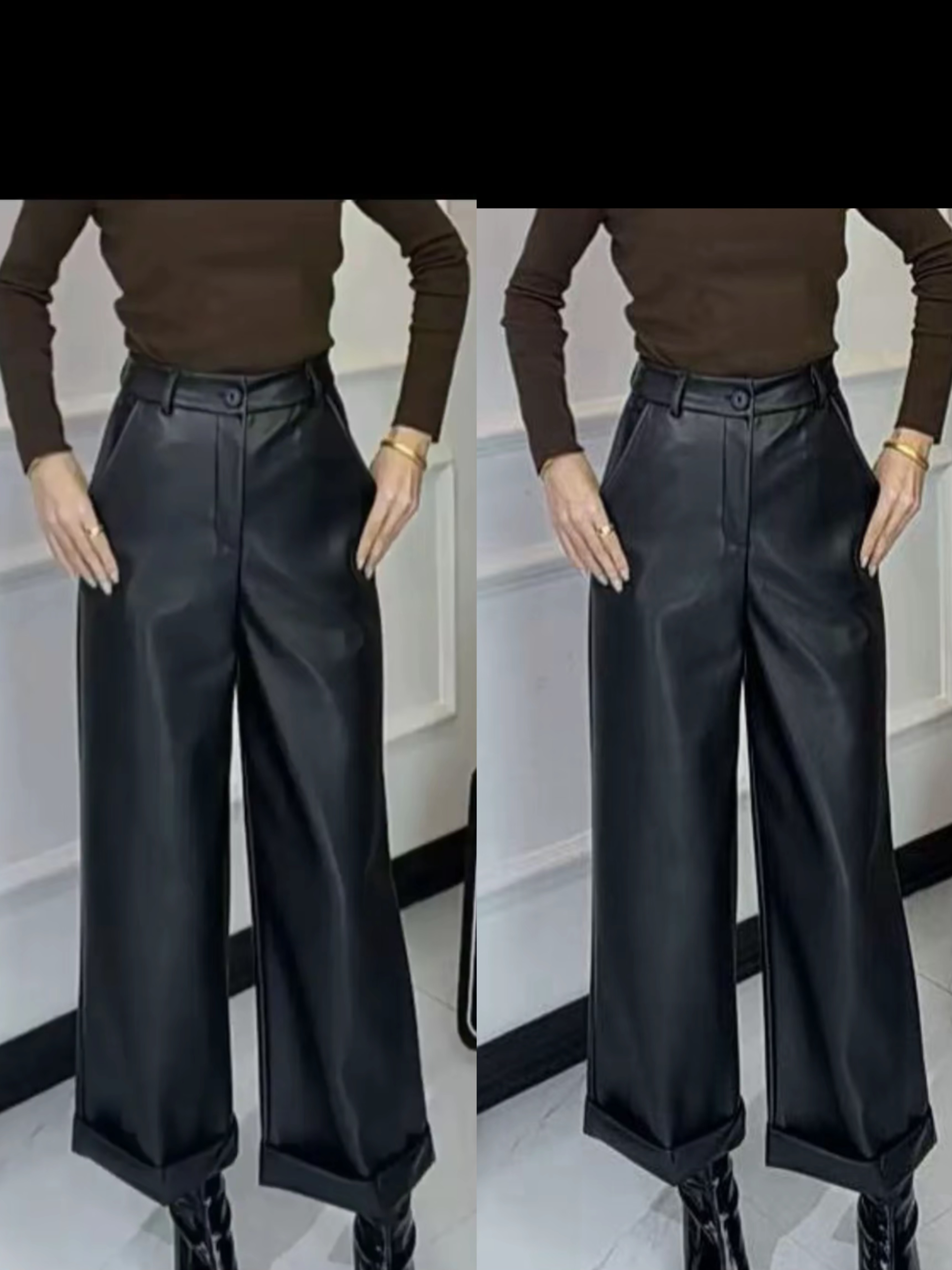 秋冬高腰显瘦直筒阔腿加绒皮裤女休闲气质九分裤