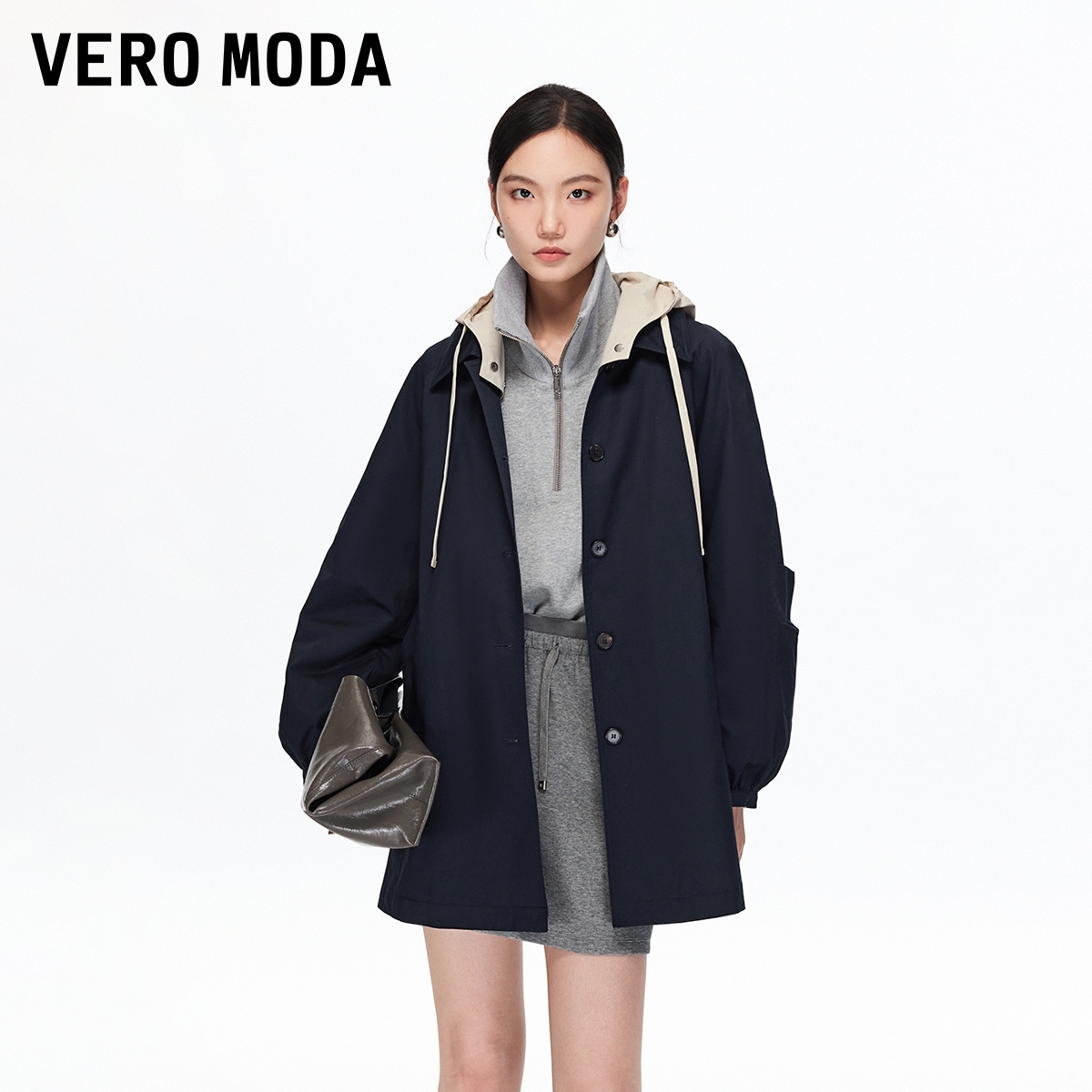 Vero Moda风衣2025秋季新款纯棉可拆卸帽子宽松外套休闲老钱风