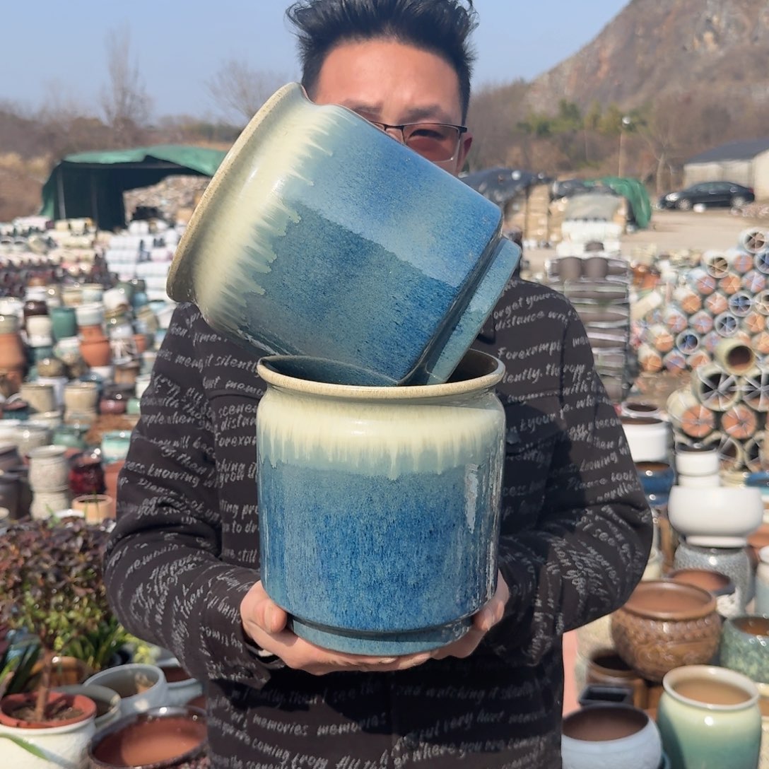 紫砂花盆口18高20.5（直筒雾蓝两个