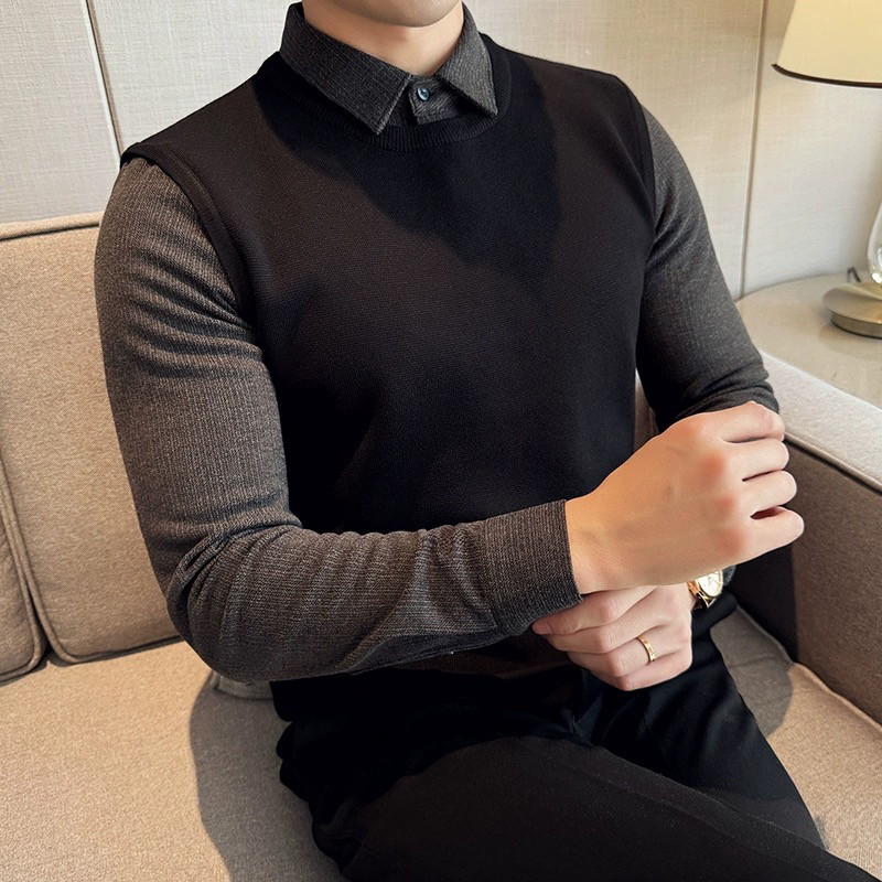 春秋男士新款假两件衬衫加厚毛呢衬衫毛衣针织衫百搭修身商务上衣