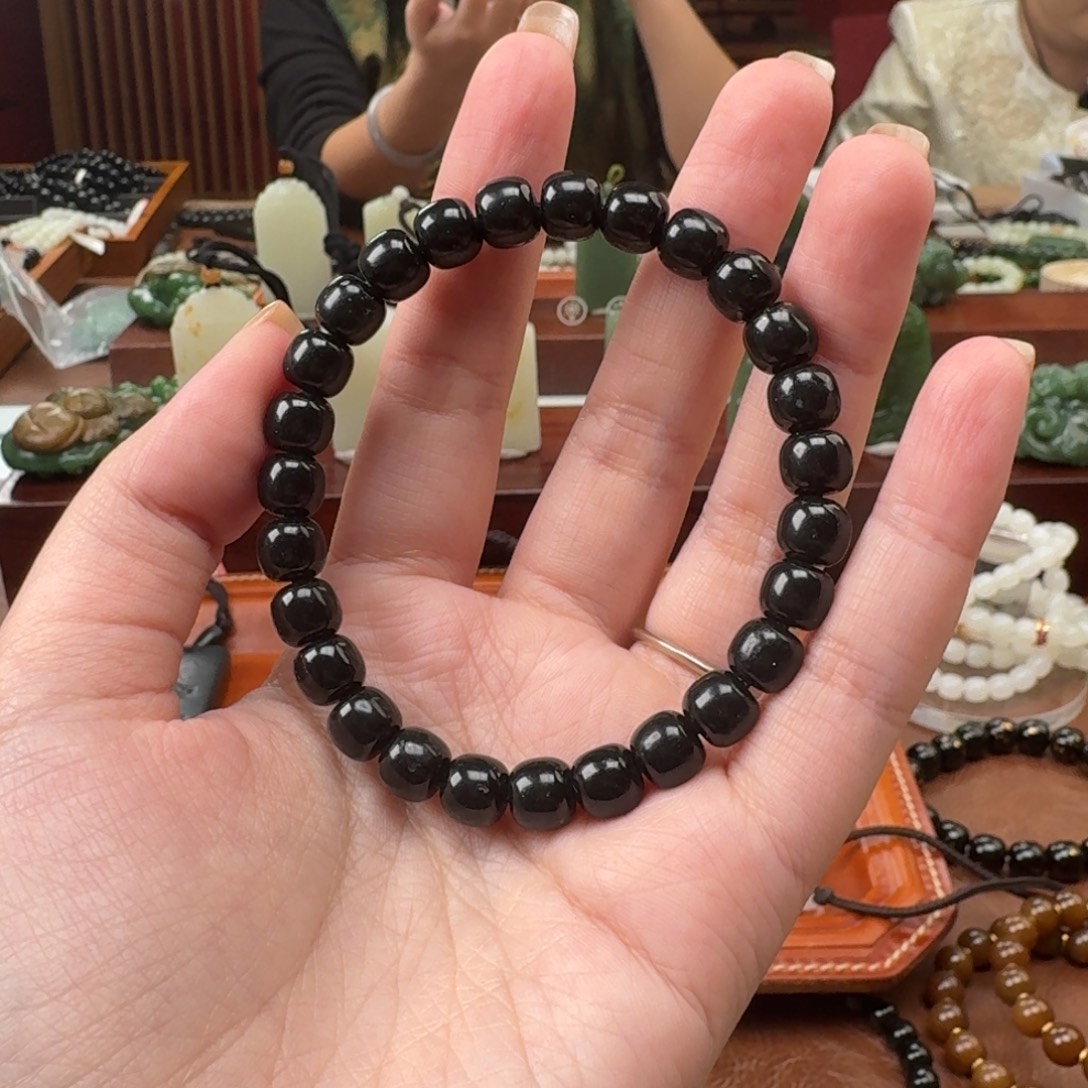 和田玉未镶嵌手链和田玉黑青7/8老