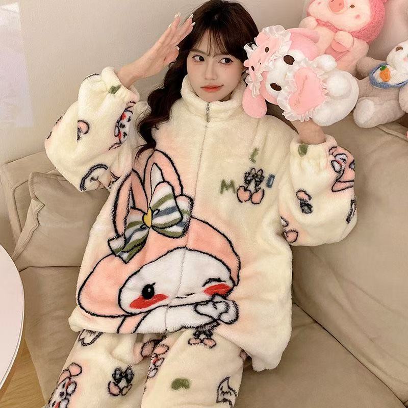 睡衣家居服套装女卡通羊羔绒加绒长款加厚学生套装保暖家居服