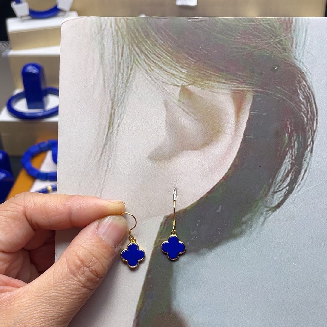 青金石耳钩四叶草银S925镀金镶嵌