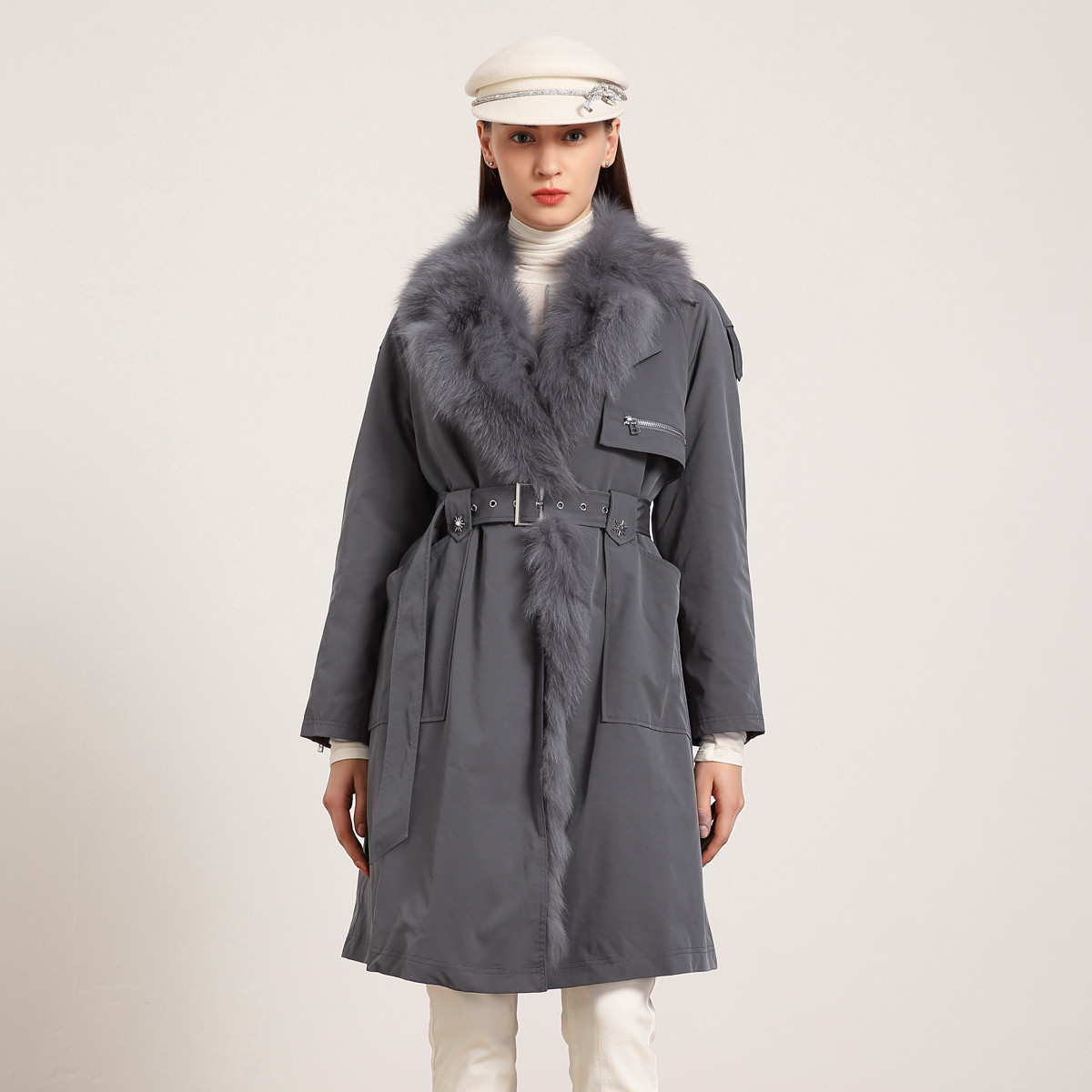 狐狸毛兔毛派克服JETEZO冬保暖两件套中长款大衣气质BA1HC666D1