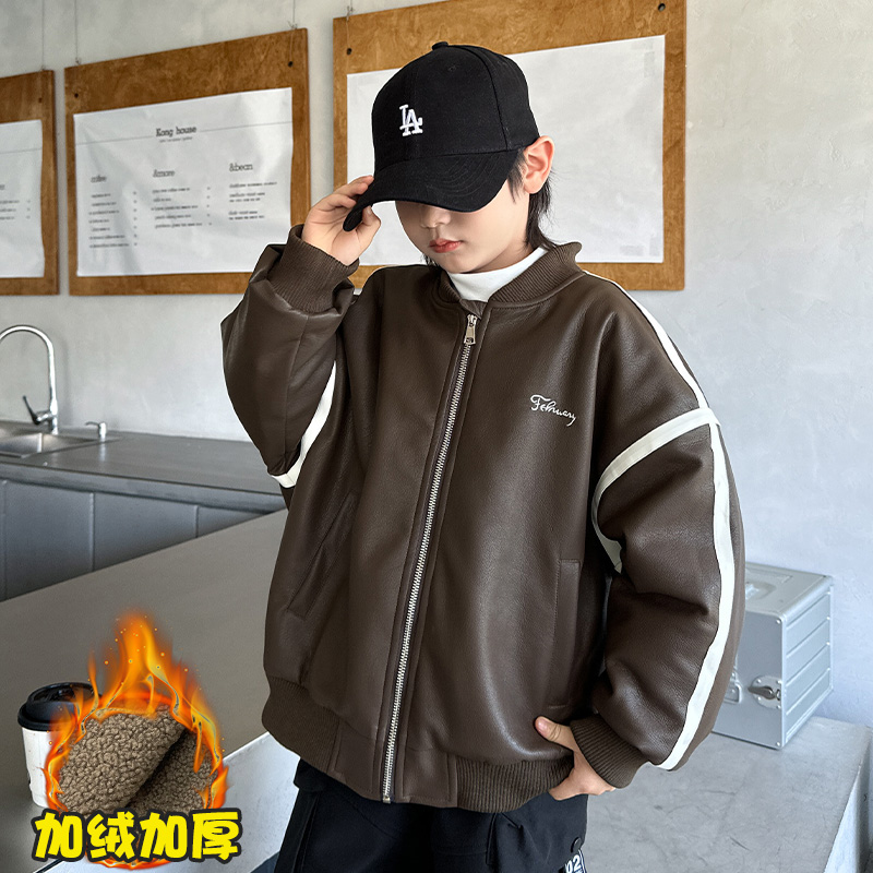 Yonsea云稚加绒加厚款外套休闲夹克拉链加厚皮衣保暖立领男童上衣