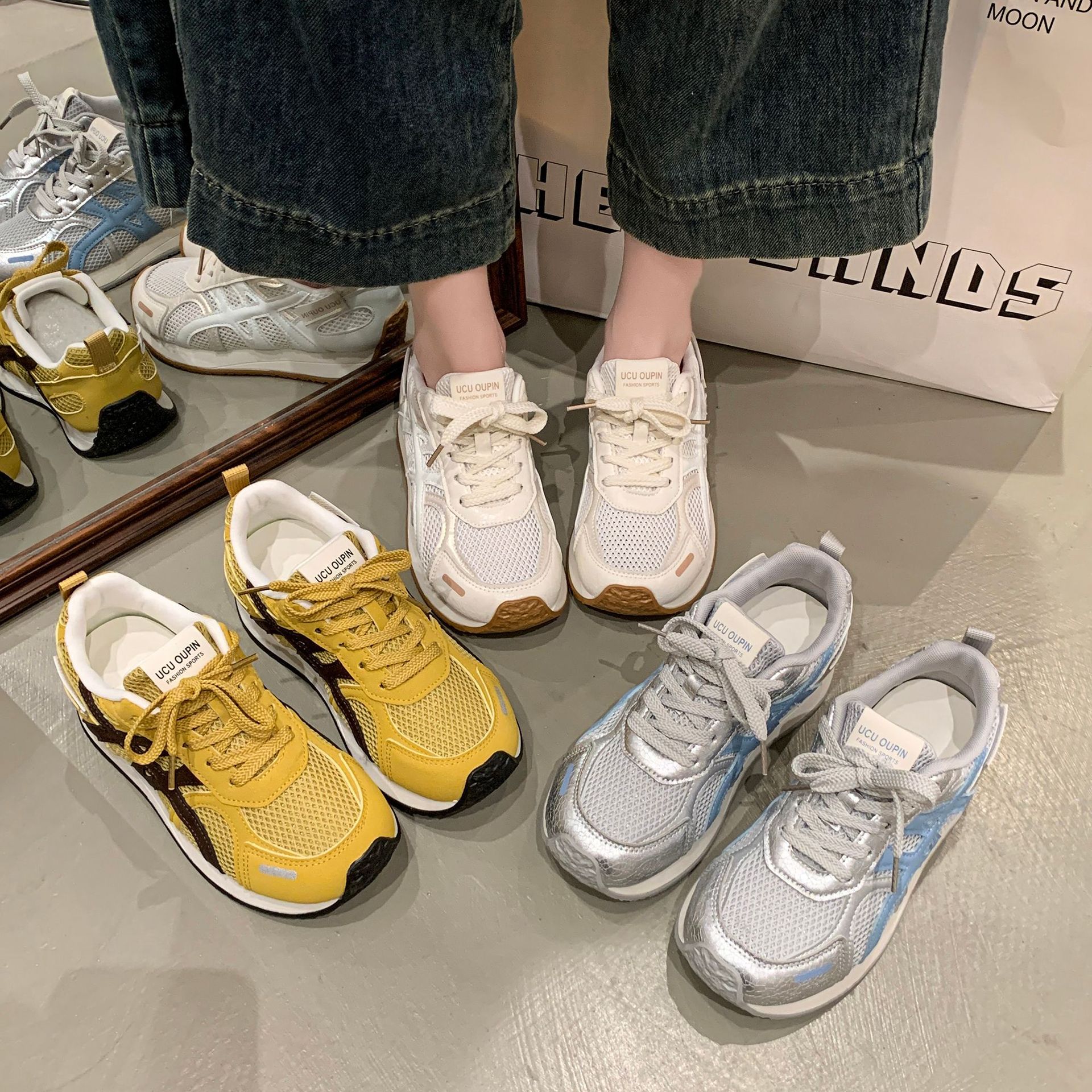 (A04) 网面透气阿甘鞋女春季新款德训鞋百搭厚底增高休闲运动鞋