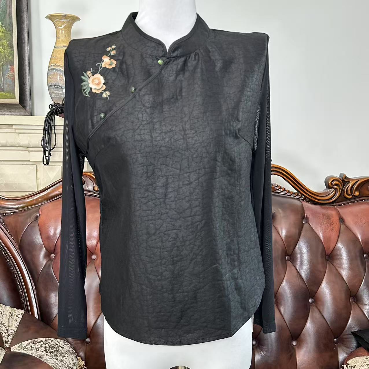 香云纱黑龟刺绣拼接网纱国风小上衣衬衫962A657-120196