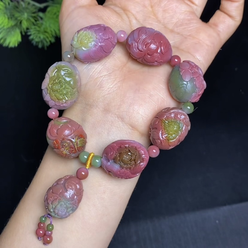 天然四川大凉山盐源玛瑙苏工雕刻西瓜色凤穿牡丹凤九手串手持礼物