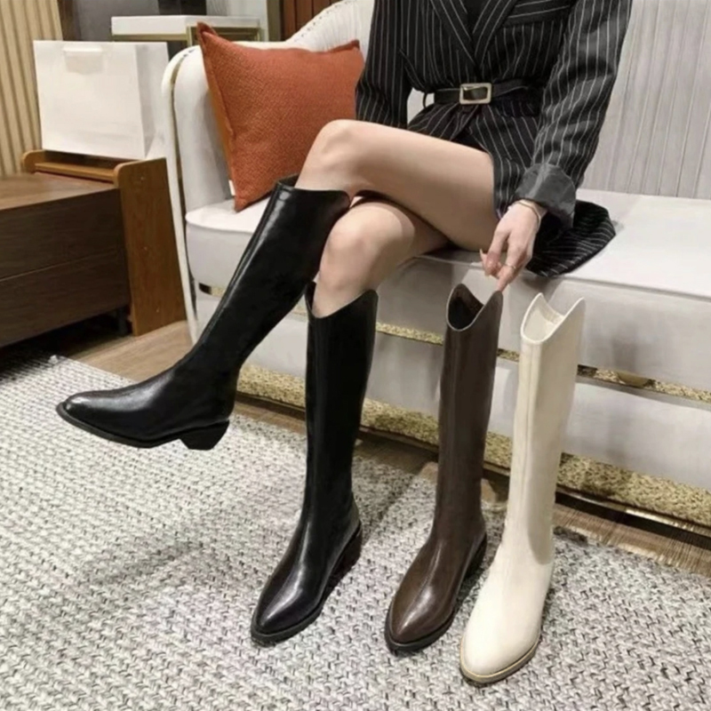 阿阳手工尖头V口长筒靴女2025秋冬新款小个子高筒骑士靴3015-01