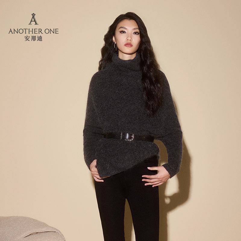 ANOTHER ONE安那迪蝙蝠袖高领针织衫不规则时尚百搭显瘦纯色毛衣