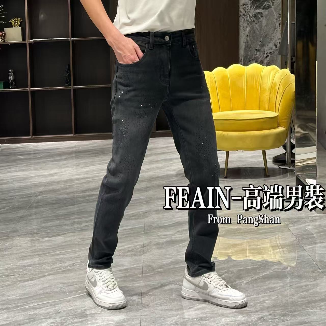 高端秋冬定制男士立体满天星立体骑马工艺弹力修身牛仔裤2610