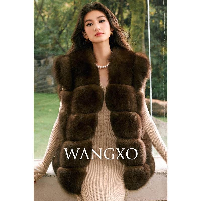 WANGXO  狐狸毛拼格V领直筒马甲2581563W