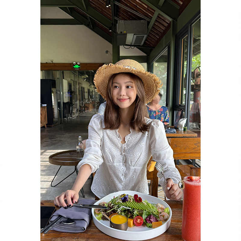 Tuuuh【南法庄园】 白衬衫女夏季镂空刺绣V领长袖衬衫C35335TU52