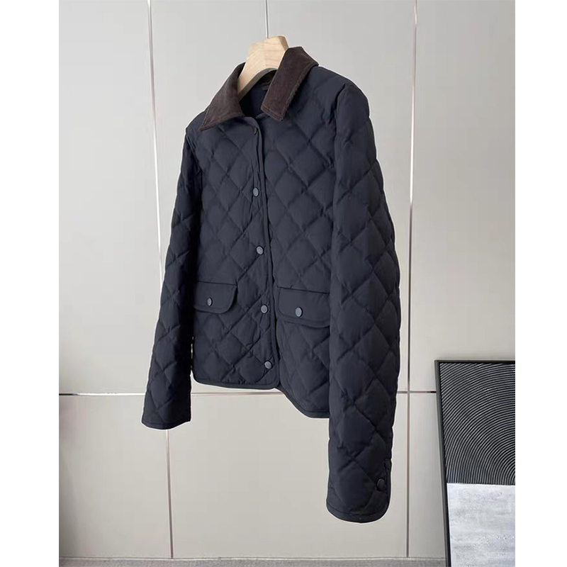 25年冬精纺绵羊毛平纹布~菱格拼接灯芯绒领外套短款加厚冬季