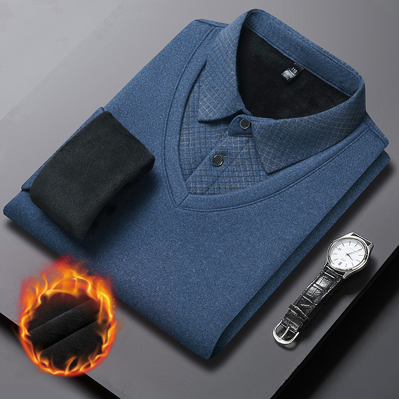 秋冬保暖针织衫男士毛衣假两件加绒加厚衬衫领内搭打底衫冬季上衣