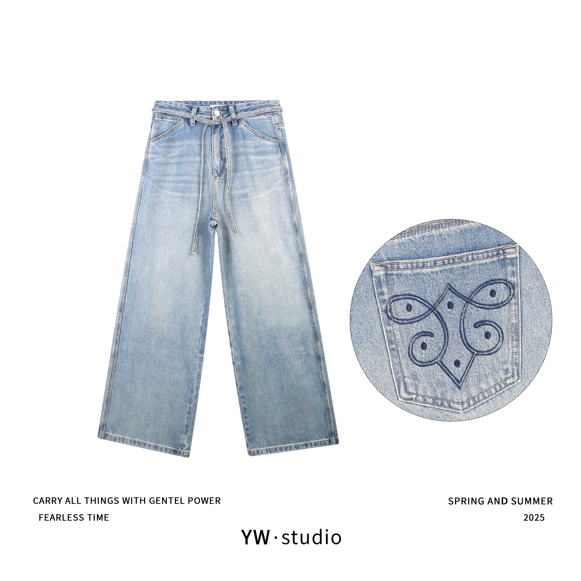  YUWEI/定制 系带直筒阔腿梨型身材牛仔长裤 66258