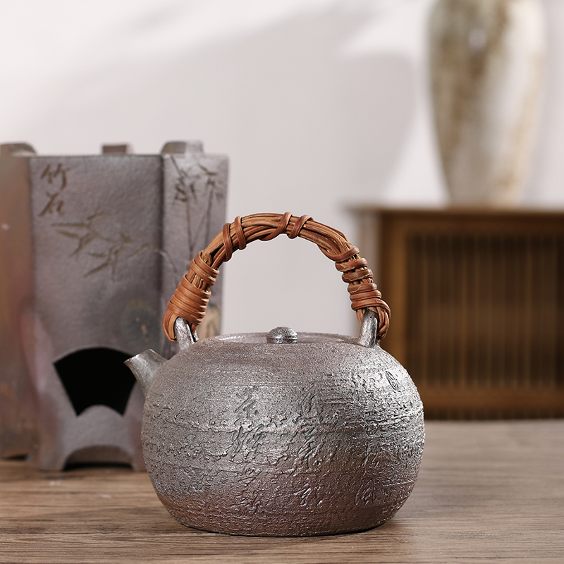 【晴紫阁】潮州柴烧紫金陶烧水茶具刻字藤编提梁砂铫陶壶