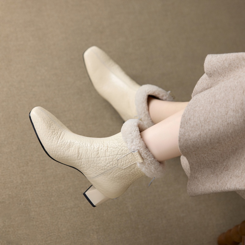 牛皮/跟高4.5cm/2025新款冬季真皮中跟短靴女羊毛加厚保暖雪地靴