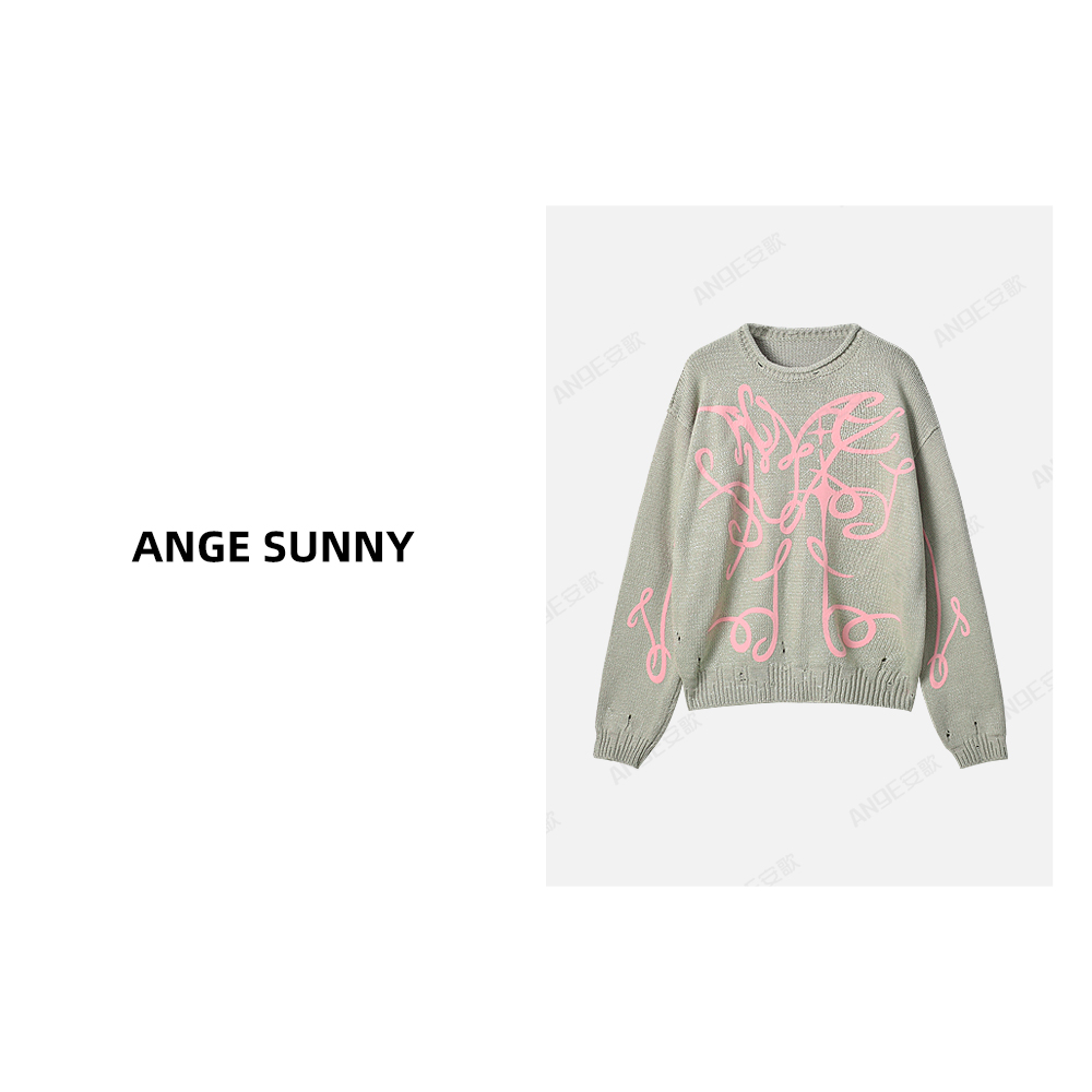 ANGE SUNNY【鞠婧祎同款 印花针织毛衣】时尚涂鸦卷边领针织毛衣