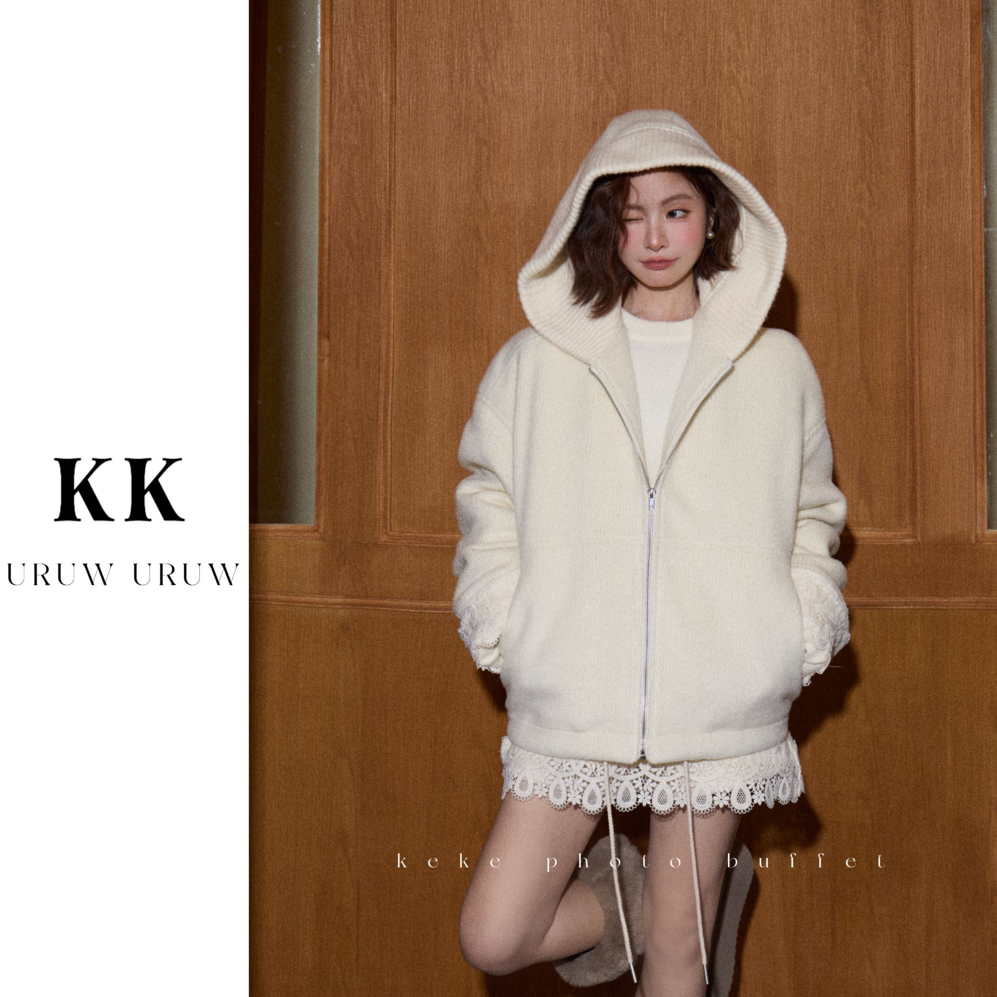 柯柯【月影呢喃】羊毛混纺夹棉加厚呢子毛织拼接连帽拉链外套KL547