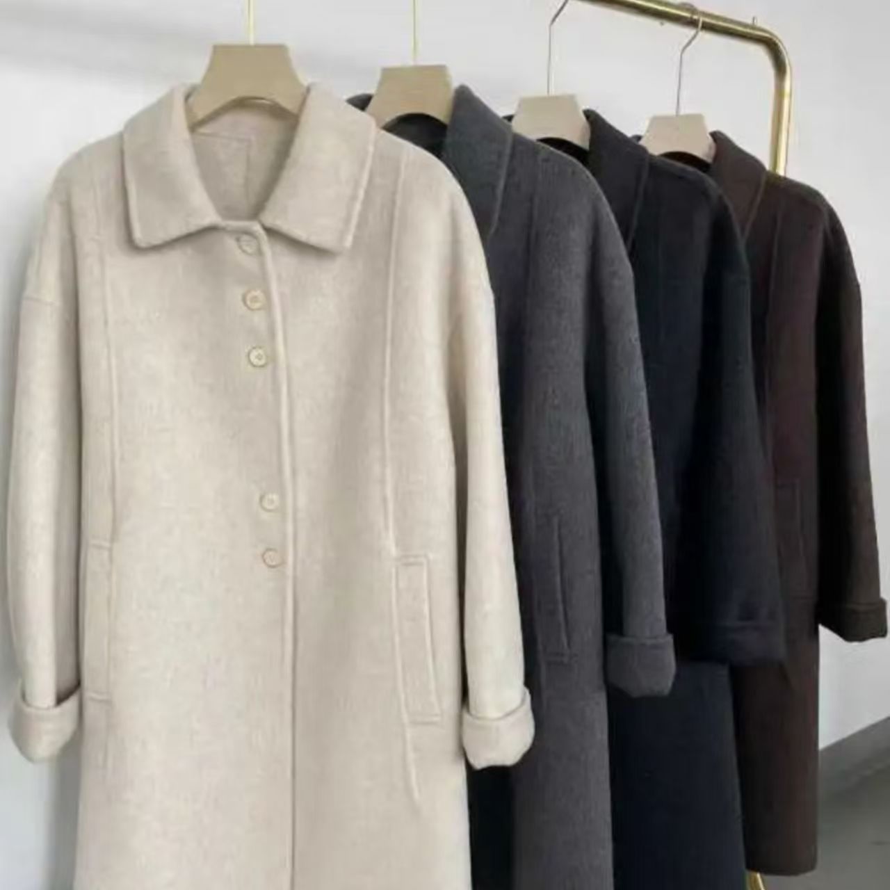 娃娃领中长款双面大衣灯笼袖H版型加厚保暖简约通勤时尚外套女