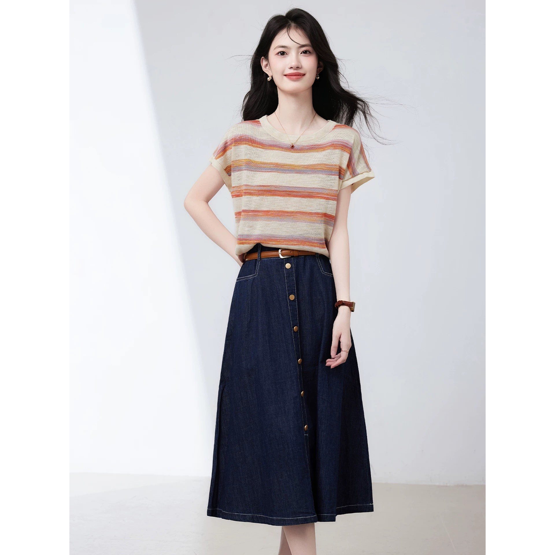 休闲条纹短袖T恤牛仔半身裙两件套女夏季通勤套装3-137