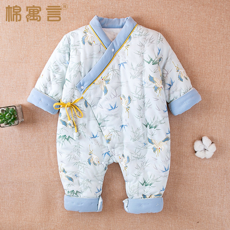 纯手工棉花宝宝秋冬款和尚服夹棉加厚保暖连体衣婴儿百天国风爬服