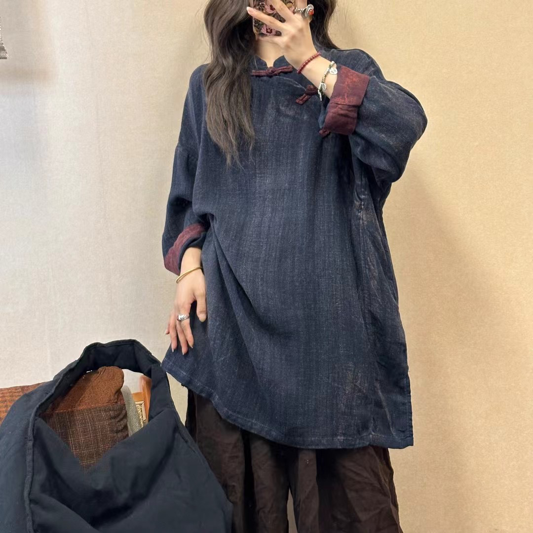 （老钱推荐）MQ手工刷染中长款斜襟手工盘扣藏青色袍子MQ