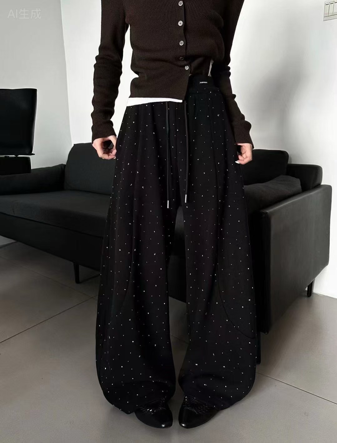 DUDU~y58528冬季新款韩版高腰抽绳烫钻加绒显瘦直筒弯刀阔腿长