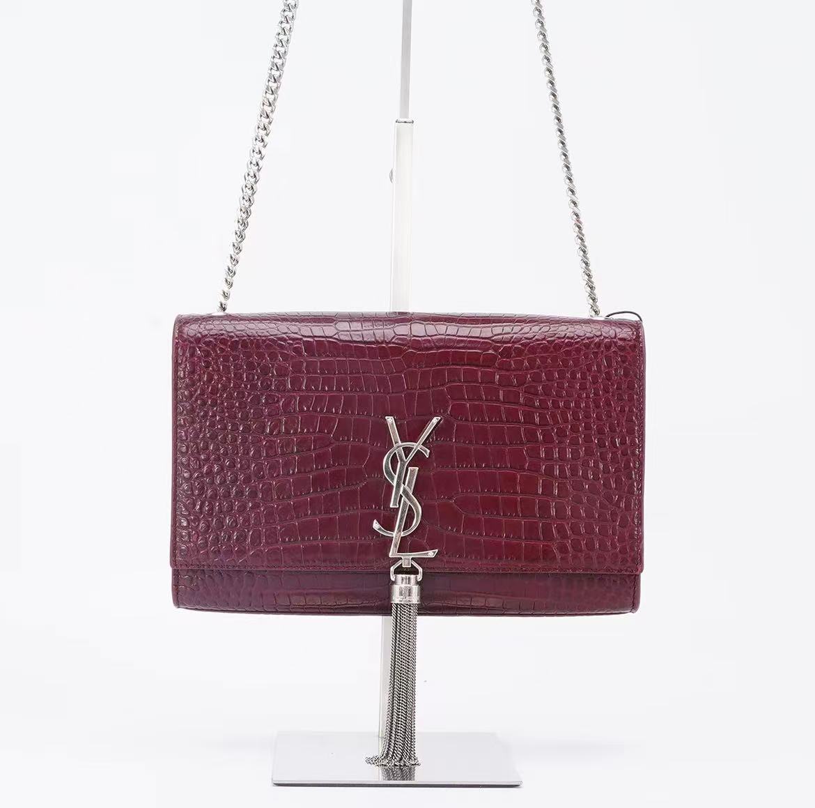 95新 YSL/圣罗兰 流苏kate中号酒红色银扣压纹单肩包/29291011