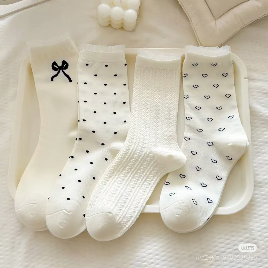 袜子女中筒袜ins白色春秋季日系蕾丝边无骨波点长筒袜堆堆袜