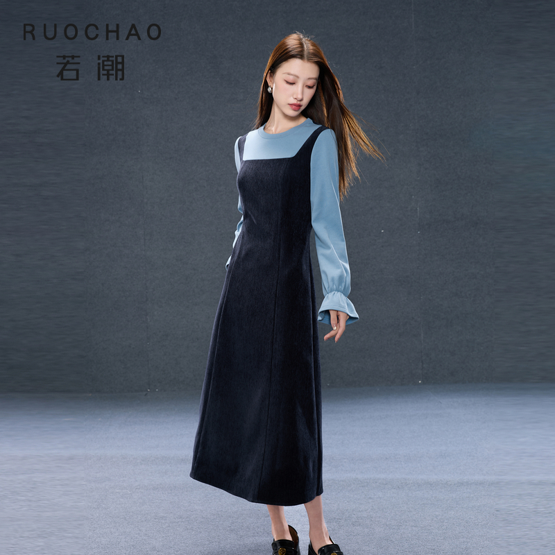 三彩大码女装2025冬季新款假两件背带式连衣裙喇叭袖拼接胖MM