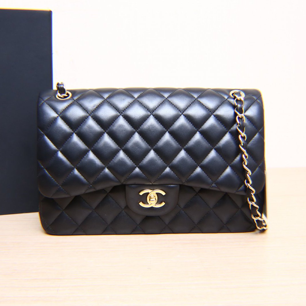 99新 Chanel/香奈儿 小花柳 CF 口盖包 JUMBO 30cm 黑金羊 22开