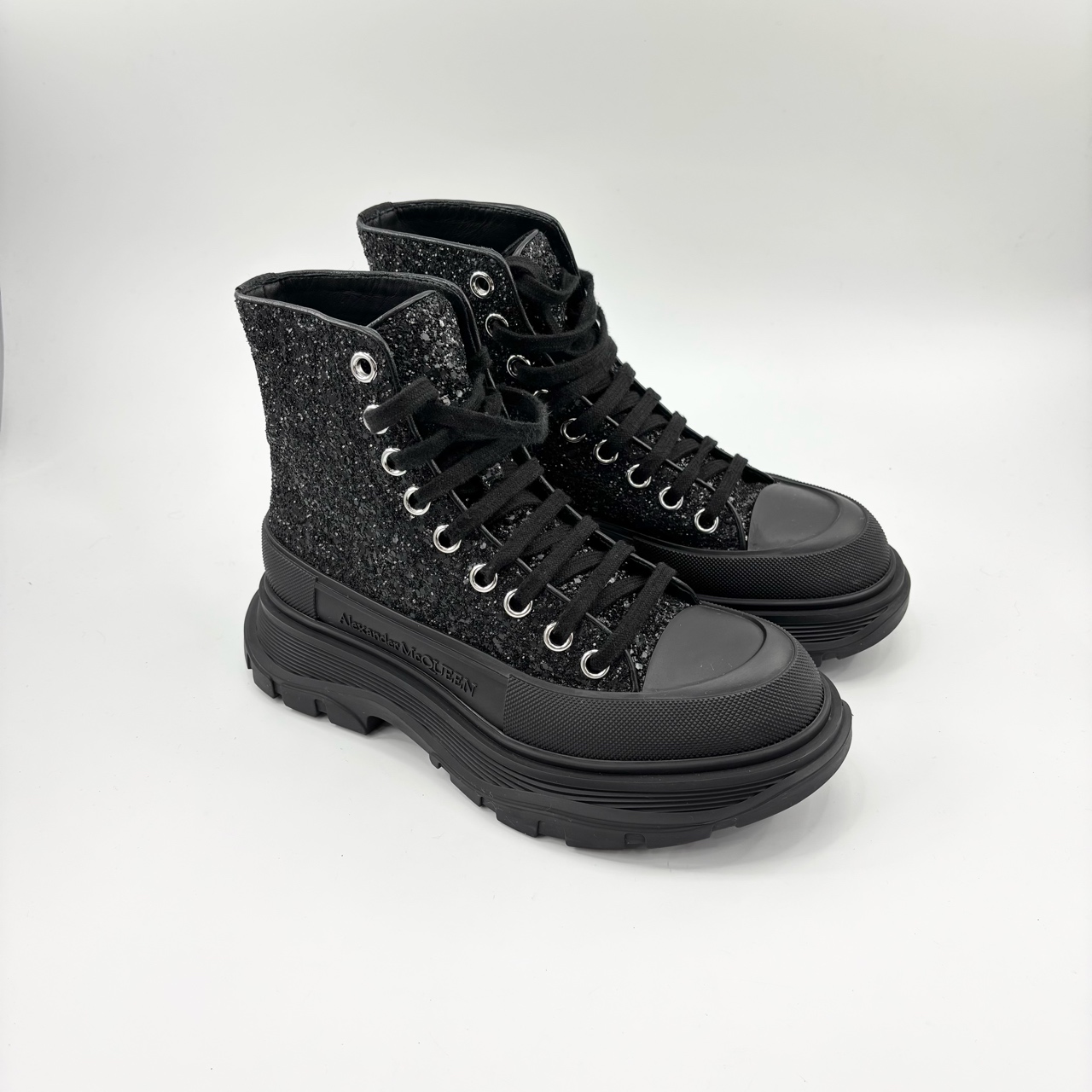 95新 Alexander McQueen/亚历山大·麦昆 37码黑色亮片厚底鞋0480