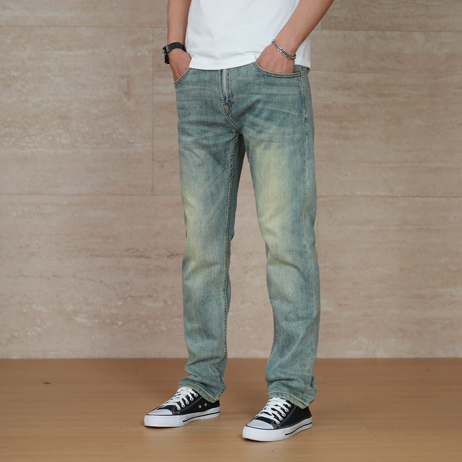 DIPAI/底牌春秋潮牌百搭修身小直筒男款经典商务水洗黄泥牛仔长裤