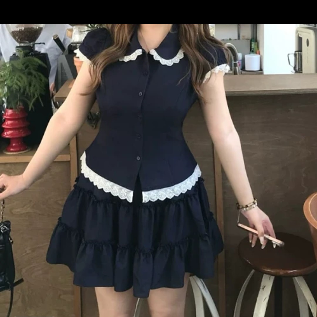 牛仔花边衬衫套装女微胖大码显瘦学院套装88100