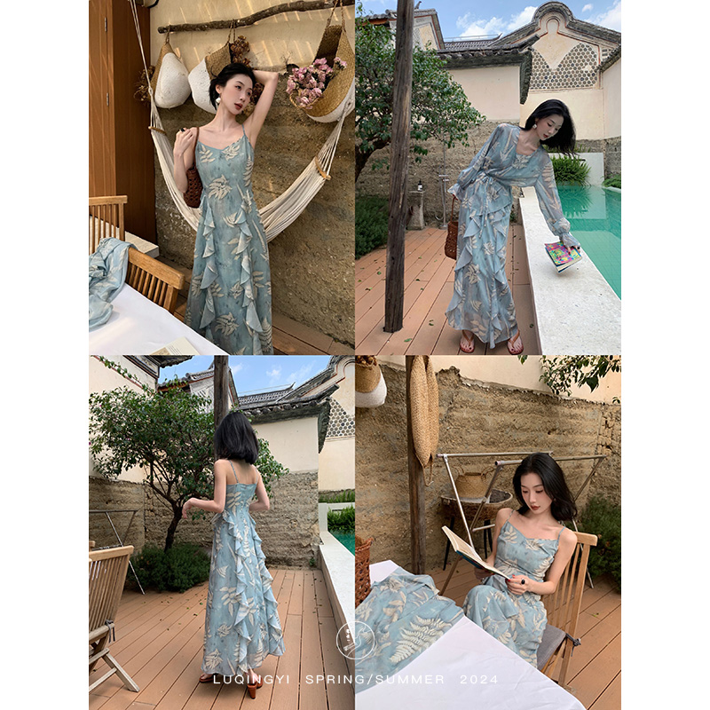 鹭青一原创【蓝恬之】法式吊带裙高级感荷叶边碎花雪纺衫L24L1927HA