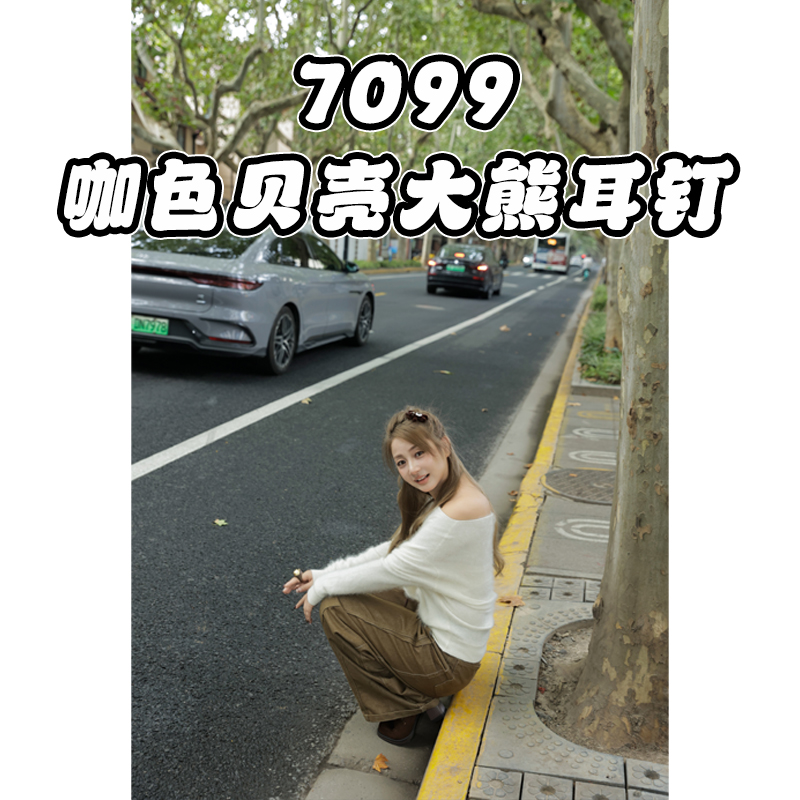 铜合金贝壳耳饰 个性百搭咖色贝壳大熊耳钉7099